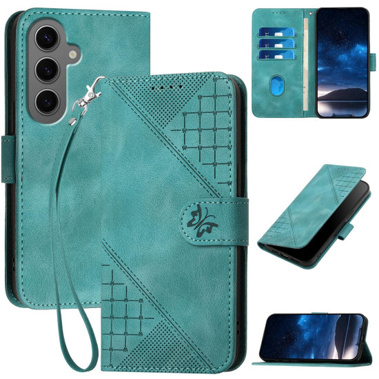 For Samsung Galaxy S24+ 5G YX0080 Grid Butterfly Embossed Pattern Flip Leather Phone Case with Lanyard(Light Blue)