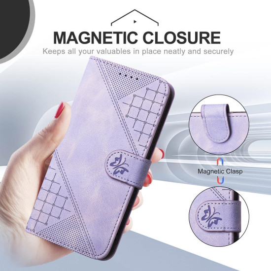 For Samsung Galaxy S24+ 5G YX0080 Grid Butterfly Embossed Pattern Flip Leather Phone Case with Lanyard(Light Purple)