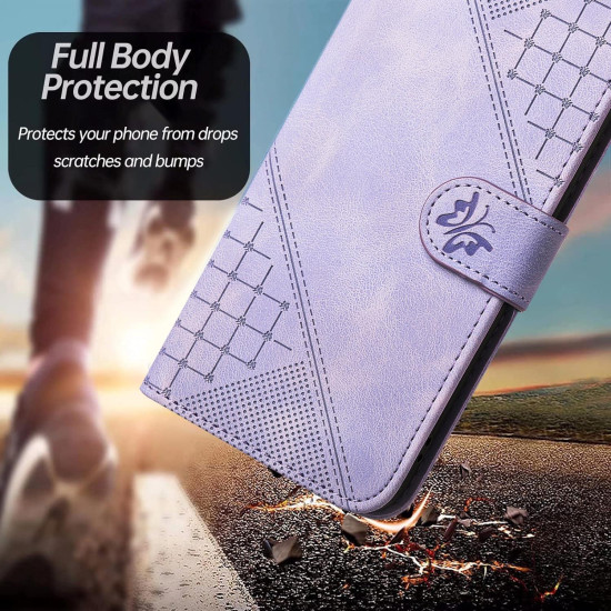 For Samsung Galaxy S24+ 5G YX0080 Grid Butterfly Embossed Pattern Flip Leather Phone Case with Lanyard(Light Purple)