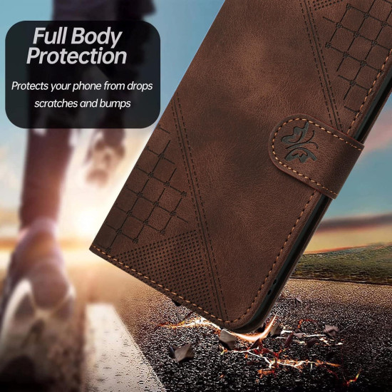 For Samsung Galaxy S23+ 5G YX0080 Grid Butterfly Embossed Pattern Flip Leather Phone Case with Lanyard(Coffee)