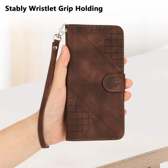 For Samsung Galaxy S23+ 5G YX0080 Grid Butterfly Embossed Pattern Flip Leather Phone Case with Lanyard(Coffee)