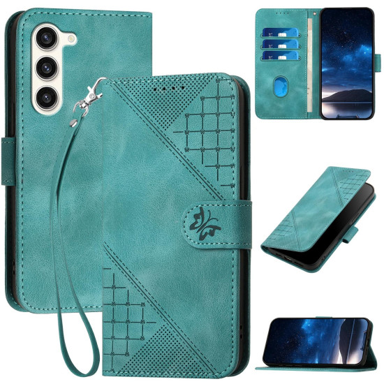 For Samsung Galaxy S23+ 5G YX0080 Grid Butterfly Embossed Pattern Flip Leather Phone Case with Lanyard(Light Blue)