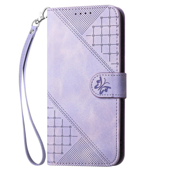 For Samsung Galaxy S23+ 5G YX0080 Grid Butterfly Embossed Pattern Flip Leather Phone Case with Lanyard(Light Purple)