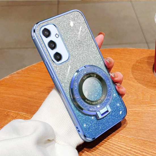 For Samsung Galaxy S24+ 5G Plated Gradient Glitter Round Holder TPU Phone Case(Sierra Blue)