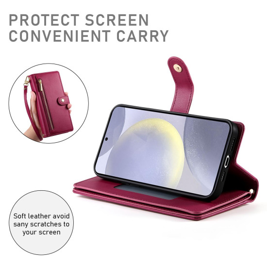 For Samsung Galaxy S24+ 5G Nine Card-slot Zipper Wallet Bag Leather Phone Case(Red)