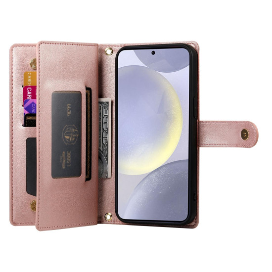 For Samsung Galaxy S24+ 5G Nine Card-slot Zipper Wallet Bag Leather Phone Case(Pink)