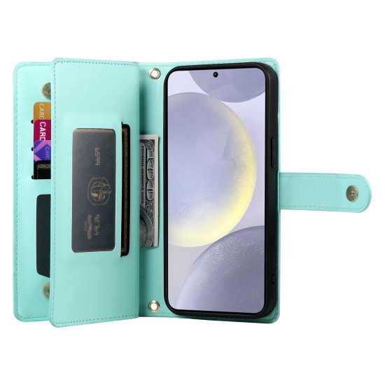 For Samsung Galaxy S24+ 5G Nine Card-slot Zipper Wallet Bag Leather Phone Case(Mint Green)