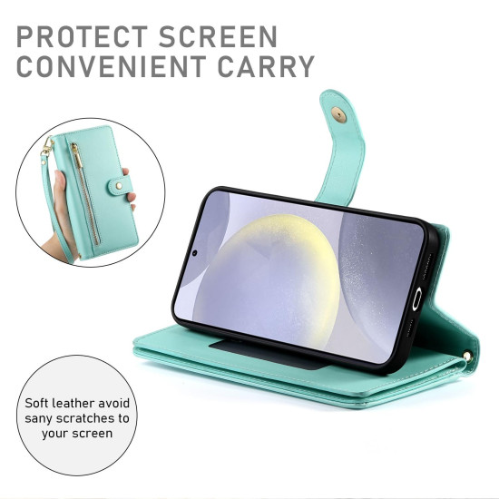 For Samsung Galaxy S24+ 5G Nine Card-slot Zipper Wallet Bag Leather Phone Case(Mint Green)