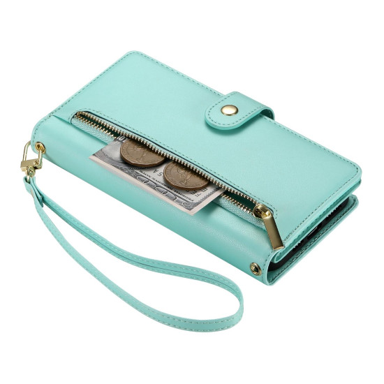 For Samsung Galaxy S24+ 5G Nine Card-slot Zipper Wallet Bag Leather Phone Case(Mint Green)