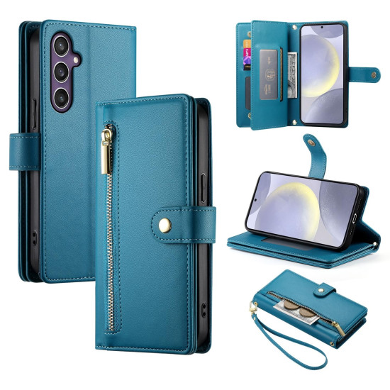 For Samsung Galaxy S24+ 5G Nine Card-slot Zipper Wallet Bag Leather Phone Case(Blue)