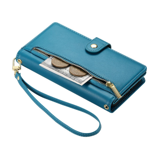 For Samsung Galaxy S24+ 5G Nine Card-slot Zipper Wallet Bag Leather Phone Case(Blue)