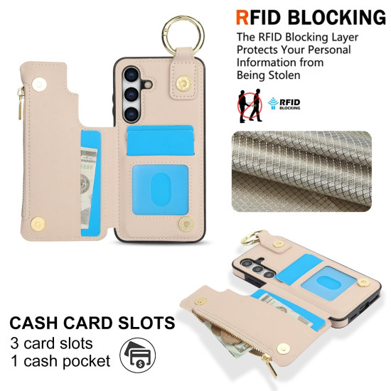 For Samsung Galaxy S24+ 5G RFlD Anti-theft Double Buckle Ring Zipper Card Phone Case(White)