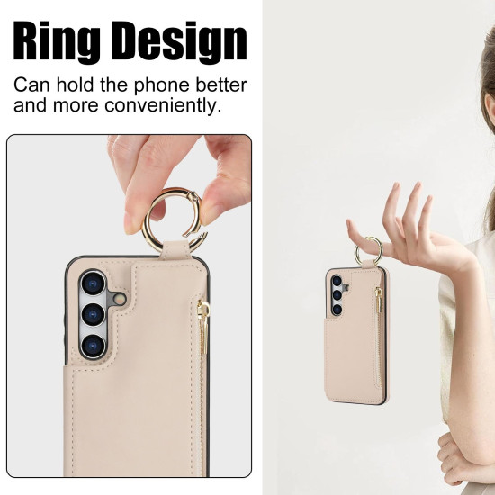 For Samsung Galaxy S24+ 5G RFlD Anti-theft Double Buckle Ring Zipper Card Phone Case(White)