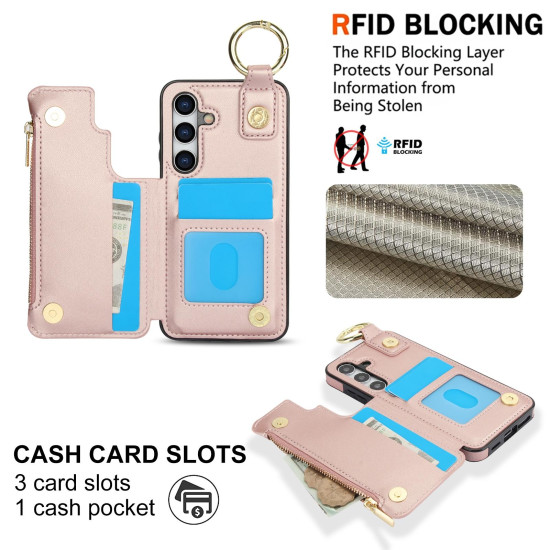 For Samsung Galaxy S24+ 5G RFlD Anti-theft Double Buckle Ring Zipper Card Phone Case(Rose Gold)