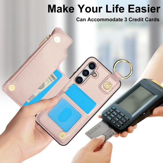 For Samsung Galaxy S24+ 5G RFlD Anti-theft Double Buckle Ring Zipper Card Phone Case(Rose Gold)