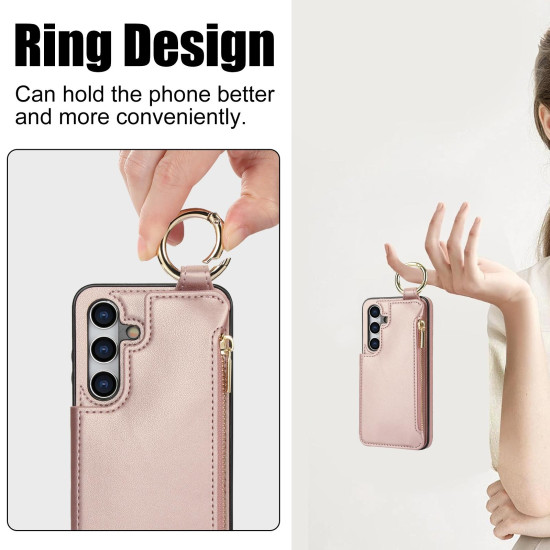 For Samsung Galaxy S24+ 5G RFlD Anti-theft Double Buckle Ring Zipper Card Phone Case(Rose Gold)