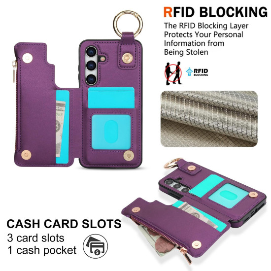 For Samsung Galaxy S24+ 5G RFlD Anti-theft Double Buckle Ring Zipper Card Phone Case(Dark Purple)