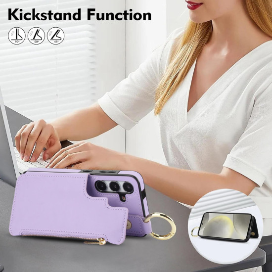 For Samsung Galaxy S24+ 5G RFlD Anti-theft Double Buckle Ring Zipper Card Phone Case(Purple)