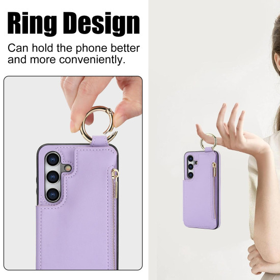For Samsung Galaxy S24+ 5G RFlD Anti-theft Double Buckle Ring Zipper Card Phone Case(Purple)