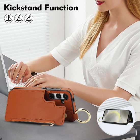 For Samsung Galaxy S24+ 5G RFlD Anti-theft Double Buckle Ring Zipper Card Phone Case(Brown)