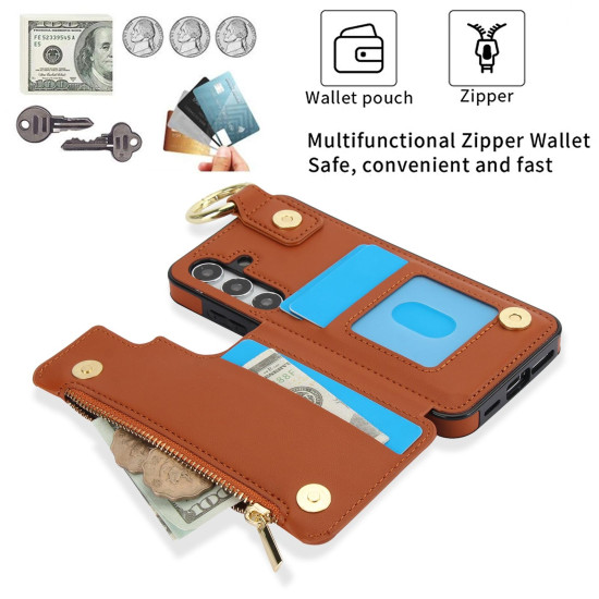 For Samsung Galaxy S24+ 5G RFlD Anti-theft Double Buckle Ring Zipper Card Phone Case(Brown)