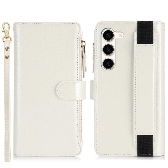 For Samsung Galaxy S23+ 5G Wristband Holder Zipper Purse RFID Leather Phone Case(White)