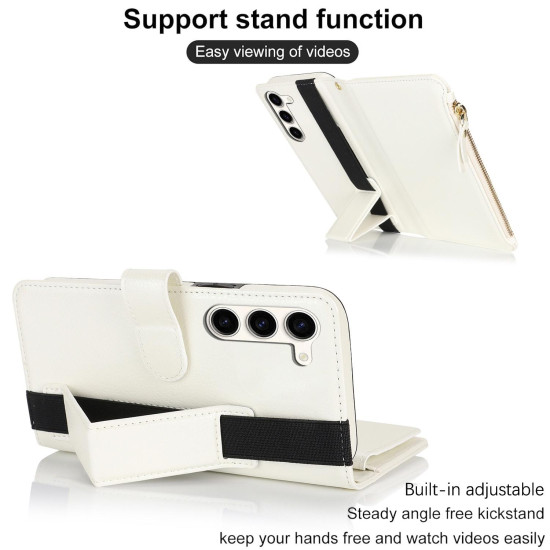 For Samsung Galaxy S23+ 5G Wristband Holder Zipper Purse RFID Leather Phone Case(White)