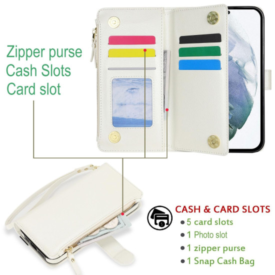 For Samsung Galaxy S23+ 5G Wristband Holder Zipper Purse RFID Leather Phone Case(White)