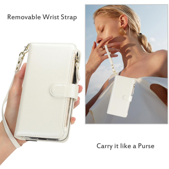 For Samsung Galaxy S23+ 5G Wristband Holder Zipper Purse RFID Leather Phone Case(White)