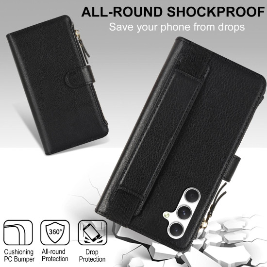 For Samsung Galaxy S24+ 5G Wristband Holder Zipper Purse RFID Leather Phone Case(Black)