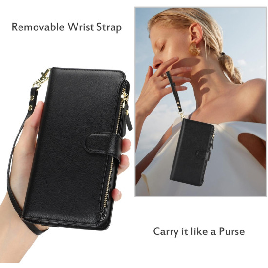 For Samsung Galaxy S24+ 5G Wristband Holder Zipper Purse RFID Leather Phone Case(Black)