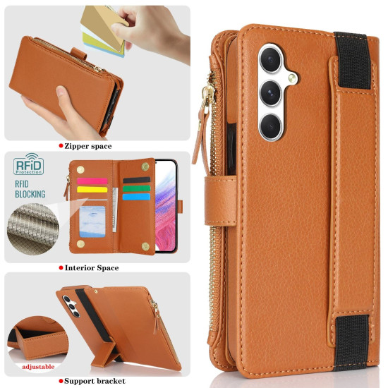 For Samsung Galaxy S24+ 5G Wristband Holder Zipper Purse RFID Leather Phone Case(Brown)