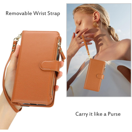 For Samsung Galaxy S24+ 5G Wristband Holder Zipper Purse RFID Leather Phone Case(Brown)