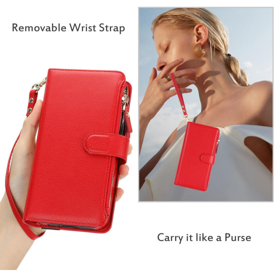 For Samsung Galaxy S24+ 5G Wristband Holder Zipper Purse RFID Leather Phone Case(Red)