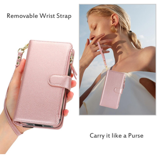 For Samsung Galaxy S24+ 5G Wristband Holder Zipper Purse RFID Leather Phone Case(Rose Gold)
