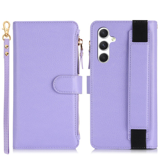 For Samsung Galaxy S24+ 5G Wristband Holder Zipper Purse RFID Leather Phone Case(Purple)