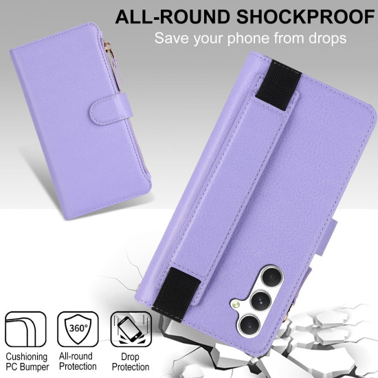 For Samsung Galaxy S24+ 5G Wristband Holder Zipper Purse RFID Leather Phone Case(Purple)