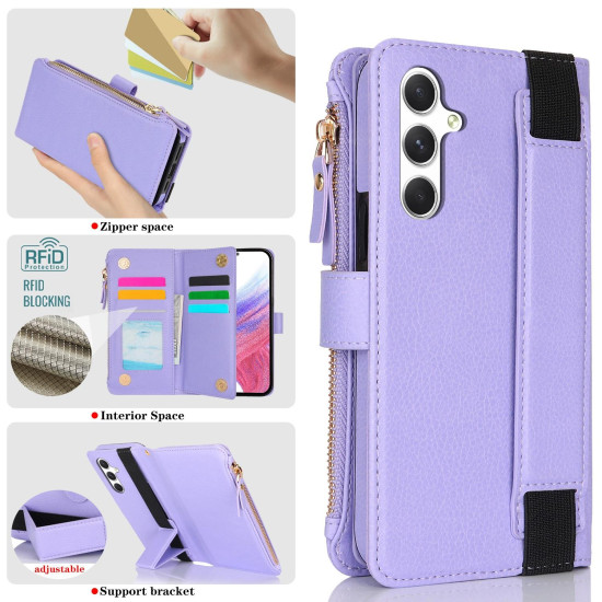 For Samsung Galaxy S24+ 5G Wristband Holder Zipper Purse RFID Leather Phone Case(Purple)