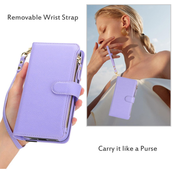 For Samsung Galaxy S24+ 5G Wristband Holder Zipper Purse RFID Leather Phone Case(Purple)