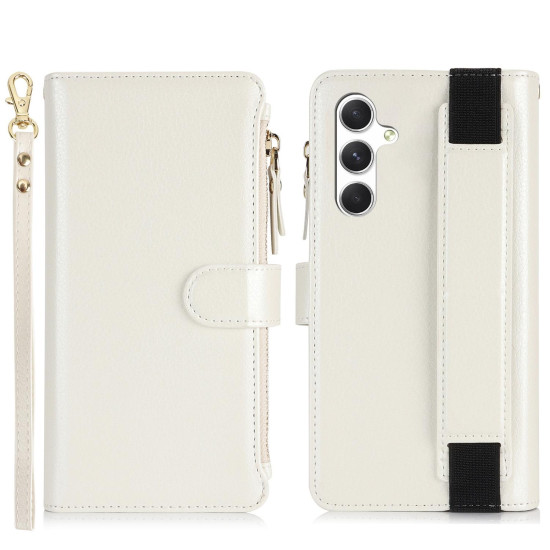 For Samsung Galaxy S24+ 5G Wristband Holder Zipper Purse RFID Leather Phone Case(White)