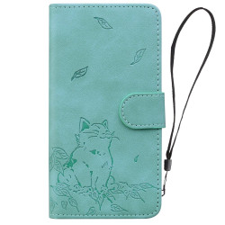 For Samsung Galaxy S24+ 5G Cute Cat Embossed Leather Phone Case(Green)