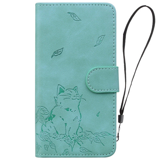 For Samsung Galaxy S24+ 5G Cute Cat Embossed Leather Phone Case(Green)