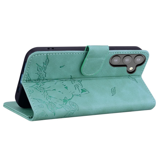 For Samsung Galaxy S24+ 5G Cute Cat Embossed Leather Phone Case(Green)