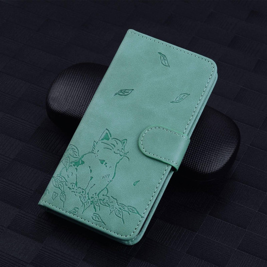 For Samsung Galaxy S24+ 5G Cute Cat Embossed Leather Phone Case(Green)