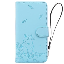For Samsung Galaxy S24+ 5G Cute Cat Embossed Leather Phone Case(Sky Blue)