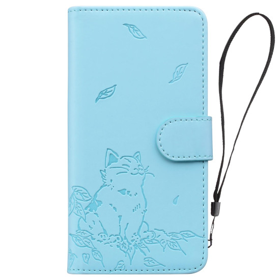 For Samsung Galaxy S24+ 5G Cute Cat Embossed Leather Phone Case(Sky Blue)