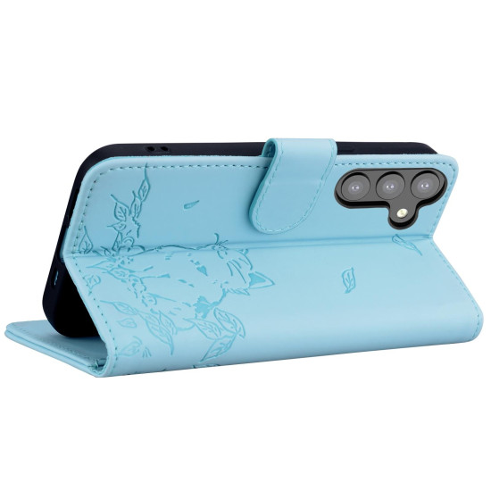 For Samsung Galaxy S24+ 5G Cute Cat Embossed Leather Phone Case(Sky Blue)