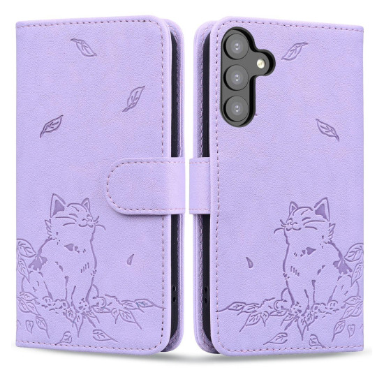 For Samsung Galaxy S24+ 5G Cute Cat Embossed Leather Phone Case(Purple)