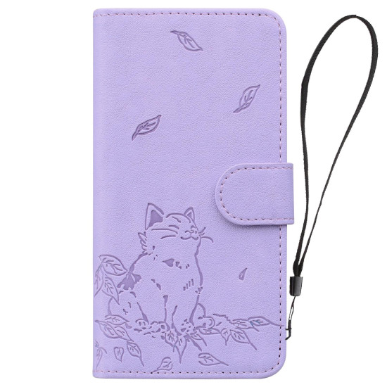 For Samsung Galaxy S24+ 5G Cute Cat Embossed Leather Phone Case(Purple)