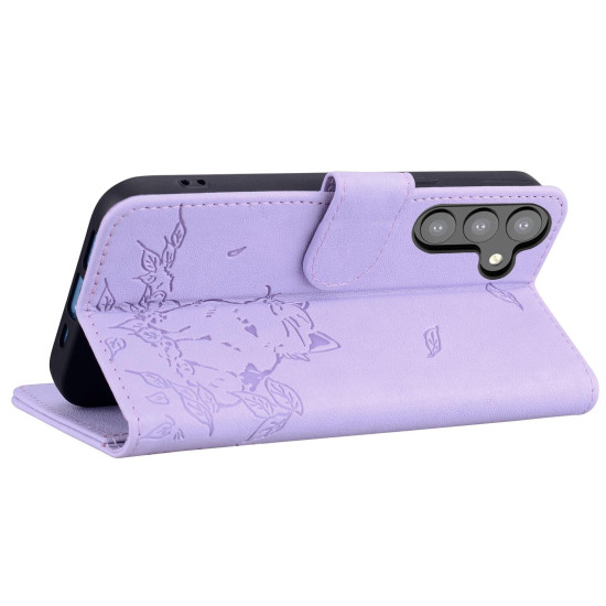 For Samsung Galaxy S24+ 5G Cute Cat Embossed Leather Phone Case(Purple)